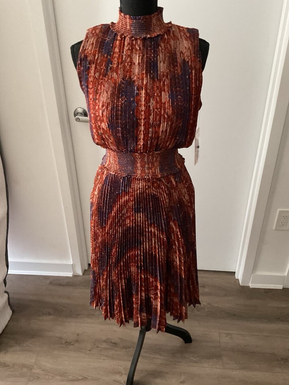 Nanette Lepore A-Line Dress 6 Brown Blue Animal Print Pleated Smocked High Neck